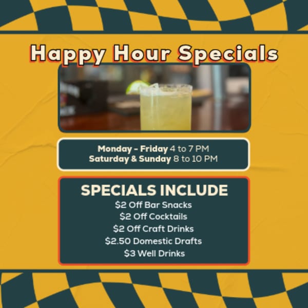 McFarland's Bar happy hour specials with a margarita, times, and discounted drinks and snacks.