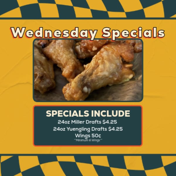 McFarland's Bar Wednesday Specials advertisement featuring crispy chicken wings, Miller and Yuengling drafts.